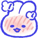 A white bunny with a blue outline and a bright pink blush on its cheeks, looking flustered and shy.