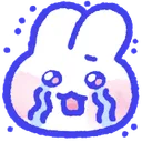A white cartoon bunny with a blue outline crying large, flowing tears in a dramatic and cute style.