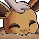 Eevee with closed eyes smiling while a hand gently pats its head.