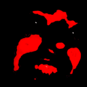 A distorted, deep-fried face glowing in intense red against a black background.