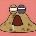 Pou looking exhausted with drool and uneven eyes on a pink background.