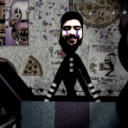 A bearded man's face is superimposed onto the body of a dark, puppet-like character in a dimly lit room.
