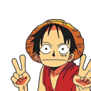 Monkey D. Luffy with a blank expression holding up two peace signs.