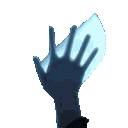 A dark silhouette of a hand reaching toward a glowing blue crescent shape.