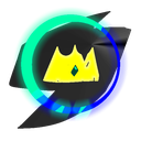 A stylized yellow crown icon centered on a dark circular background with a glowing blue border.