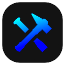 A glowing blue hammer and nail crossed over each other against a dark background.
