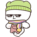 A white bear wearing a green beanie, a colorful scarf, pink overalls, and pixelated sunglasses with a smug expression.