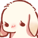 A small white bunny with long ears looking down with a sad and shy expression.