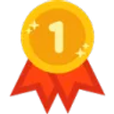 Gold medal with a number one in the center and a red ribbon underneath.