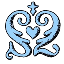 Heart symbol in light blue with ornate, swirling flourishes on both sides.