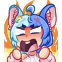 Anime girl with blue hair and animal ears shouting with an intense, fiery orange background.