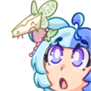 An anime girl with blue hair and wide purple eyes looking shocked at a small winged slice of cake hovering near her head.