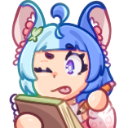Anime girl with blue hair and animal ears writing in a notebook with a focused and cheeky expression.
