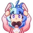 Anime girl with blue hair and purple eyes looking shocked with her hands on her head.
