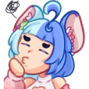 Anime girl with blue hair looking skeptical with her hand on her chin.