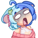 Anime girl with blue hair and a pink sweater looking shocked with wide white eyes and an open mouth.