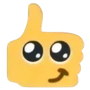 Thumbs up hand gesture with large, glossy, cute eyes and a small smile.