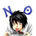 L Lawliet from Death Note sticking his tongue out while holding a tray with the word No written above him.