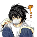 L Lawliet from Death Note sitting in his signature pose while sipping from a white tea cup.