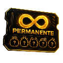 A dark rectangular badge with a glowing gold infinity symbol above the word PERMANENTE and five circular slots with questi...