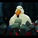 A white duck stands behind several microphones as if giving a press conference.