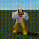 A white chicken with yellow legs shadowboxing against a dark background.