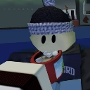 Roblox character wearing a blue beanie while holding a red mug to their face.