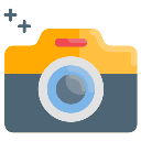 Camera with a yellow top and blue body featuring a central lens and red shutter button.