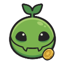 A round green creature with a sprout on its head and a small gold coin next to it.