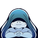 A small blue hooded character with hands clasped together in a contemplative and smug expression.