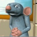 A 3D gray rat with a pink nose and ears looking nervous with its hands clasped together.