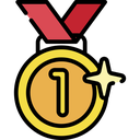 Gold medal with a number one in the center and a sparkling star effect hanging from a red ribbon.