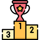 A pink trophy with a star on it sitting on the highest step of a numbered podium.