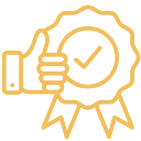 A golden line-art icon showing a thumbs-up gesture inside a circular award seal with a checkmark.