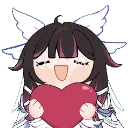 Anime girl with wings smiling happily while holding a large red heart.