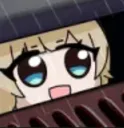 Anime girl with large eyes and a wide smile peeking over a dark ledge.