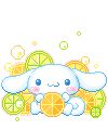 A cute white puppy with long ears happily eating a slice of citrus fruit in a pixel art style.