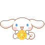 A white puppy with long ears happily eating a slice of orange in a pixel art style.