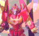 Red armored robot standing in a combat-ready pose with glowing eyes.