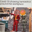 Joker and another figure with viral particles for heads standing on a staircase.