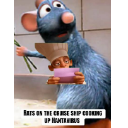A blue rat holding a tiny chef figure in a humorous role-reversal edit.