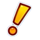 A stylized yellow exclamation mark with a thick brown outline and a white glow effect.