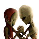 Two aliens holding each other in a tender, loving embrace.