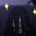 A character with long dark hair covering their face looks shocked with glowing yellow sparkles appearing on both sides of th…