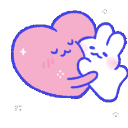 A pink heart character with a simple face hugging a small white creature with a peaceful expression.