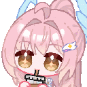 Anime girl with pink hair sipping a cup of boba tea in a pixel art style.