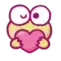 A yellow frog character with large eyes holding a pink heart against its chest.