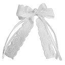 A white lace bow tied in a classic knot with two long hanging ribbons.