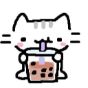 A cute white cat with pink cheeks holding and drinking from a cup of brown boba tea.