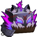 Werewolf cube with glowing purple eyes and jagged teeth looking fierce.